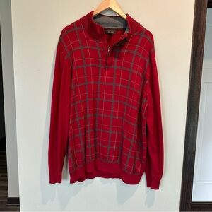 Tasso Elba Men’s Quarter Zip Up Red Plaid Checkered Striped Long Sleeve Sweater